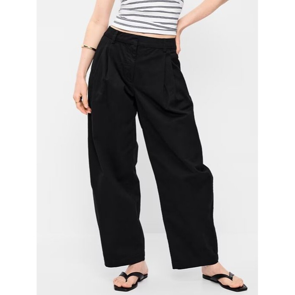 Old Navy Twill Barrel-Leg Pants Womens 6 Black Pleated Full Length Stretch NEW